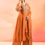 Rust Orange Anarkali Set With Embroidered Neckline And Gota Border Dupatta