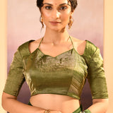 Dark Olive Green Embroidered Tissue Saree