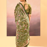 Dark Olive Green Embroidered Tissue Saree