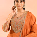 Rust Orange Anarkali Set With Embroidered Neckline And Gota Border Dupatta