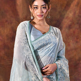 Pale Blue Floral Tissue Organza Saree