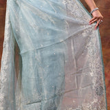 Pale Blue Floral Tissue Organza Saree