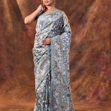 Mint Green Floral Embroidered Tissue Silk Saree