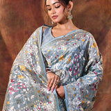Mint Green Floral Embroidered Tissue Silk Saree