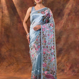 Aqua Blue Floral Tissue Silk Saree