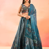Teal Organza Tissue Lehenga With Multicolor Embroidered Blouse