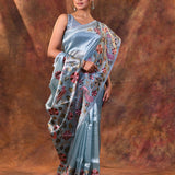 Aqua Blue Floral Tissue Silk Saree
