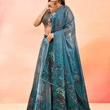 Teal Organza Tissue Lehenga With Multicolor Embroidered Blouse