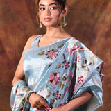 Aqua Blue Floral Tissue Silk Saree