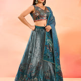 Teal Organza Tissue Lehenga With Multicolor Embroidered Blouse
