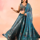 Teal Organza Tissue Lehenga With Multicolor Embroidered Blouse