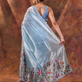 Aqua Blue Floral Tissue Silk Saree