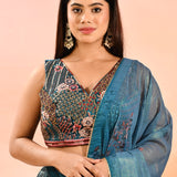 Teal Organza Tissue Lehenga With Multicolor Embroidered Blouse