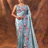 Aqua Blue Floral Silk Saree