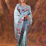 Aqua Blue Floral Silk Saree