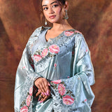 Aqua Blue Floral Silk Saree