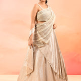 Pearl White Satin Drape Saree With Pearl Embellished Blouse