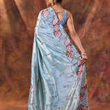 Aqua Blue Floral Silk Saree