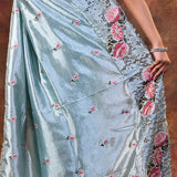 Aqua Blue Floral Silk Saree