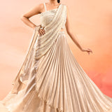 Pearl White Satin Drape Saree With Pearl Embellished Blouse