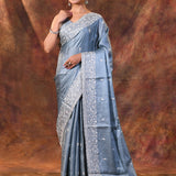 Bright Blue Floral Embroidered Silk Blend Saree
