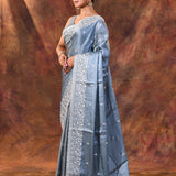 Bright Blue Floral Embroidered Silk Blend Saree