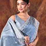 Bright Blue Floral Embroidered Silk Blend Saree