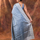 Bright Blue Floral Embroidered Silk Blend Saree
