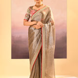 Earthy Dark Green Embroidered Metallic Tissue Saree