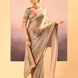 Earthy Dark Green Embroidered Metallic Tissue Saree