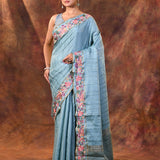 Aqua Blue Embroidered Tussar Saree