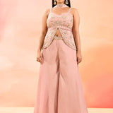 Dusty Pink Embroidered Peplum Set With Flared Pants