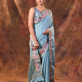 Aqua Blue Embroidered Tussar Saree