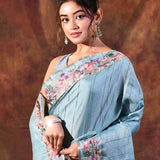 Aqua Blue Embroidered Tussar Saree