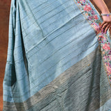 Aqua Blue Embroidered Tussar Saree