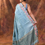Aqua Blue Embroidered Tussar Saree