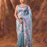 Bright Blue Floral Embroidered Tissue Silk Saree