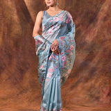 Bright Blue Floral Embroidered Tissue Silk Saree
