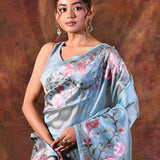 Bright Blue Floral Embroidered Tissue Silk Saree