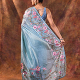 Bright Blue Floral Embroidered Tissue Silk Saree