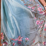 Bright Blue Floral Embroidered Tissue Silk Saree