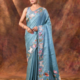 Ocean Blue Floral Tissue Silk Saree