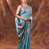 Ocean Blue Floral Tissue Silk Saree