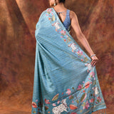 Ocean Blue Floral Tissue Silk Saree