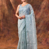 Pale Blue Floral Tissue Organza Saree