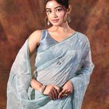Pale Blue Floral Tissue Organza Saree