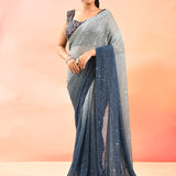 Horizon Blue Metallic Shimmer Net Saree With Embroidery Floral Motif