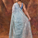 Pale Blue Floral Tissue Organza Saree
