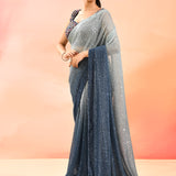 Horizon Blue Metallic Shimmer Net Saree With Embroidery Floral Motif