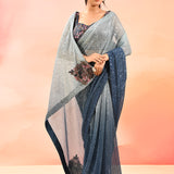 Horizon Blue Metallic Shimmer Net Saree With Embroidery Floral Motif